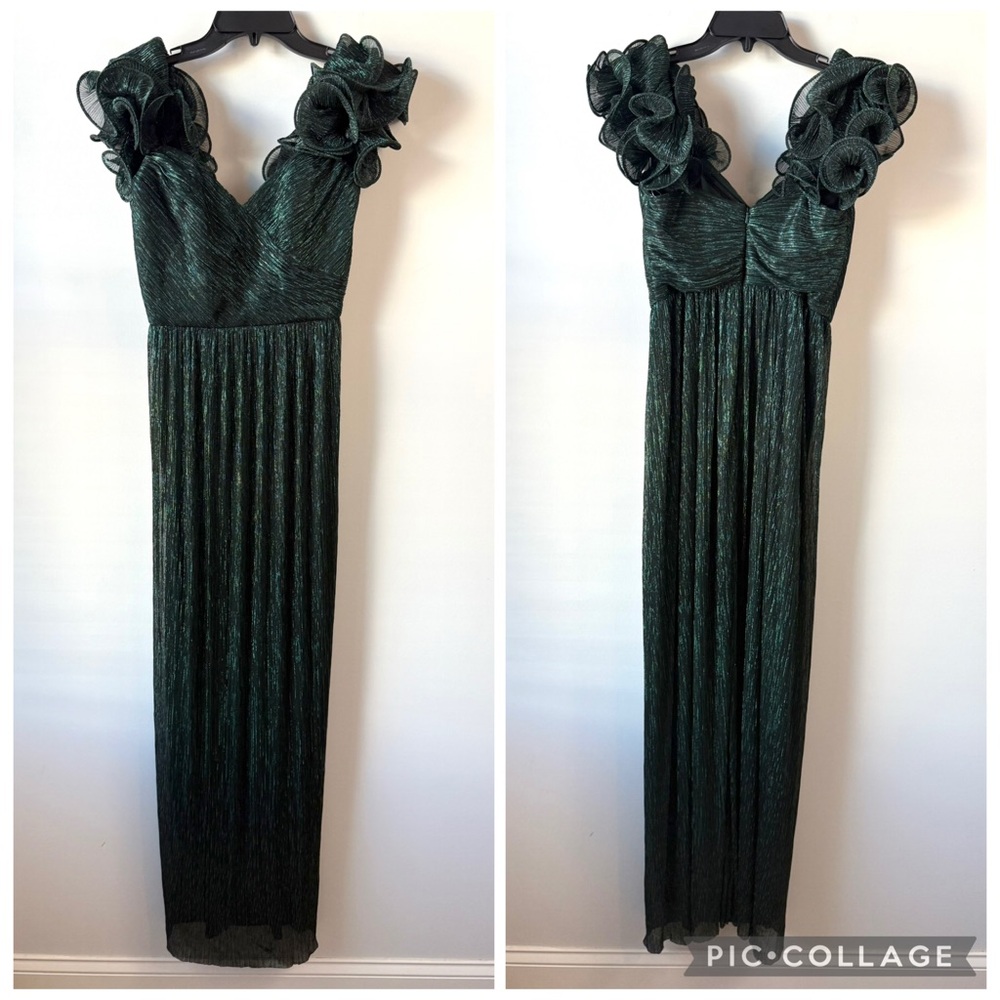 After Six 6883 Covertible Ruffle Strap Pleated Gown Metallic Evergreen S - Picture 3 of 8